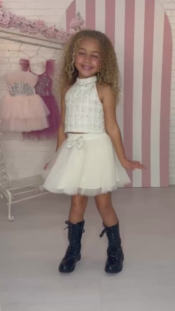 Kenna 2-Piece Ivory Coco Set for Girls: Sleeveless Textured High Neckline Top Layered Tulle Skirt, Sizes 12M-14